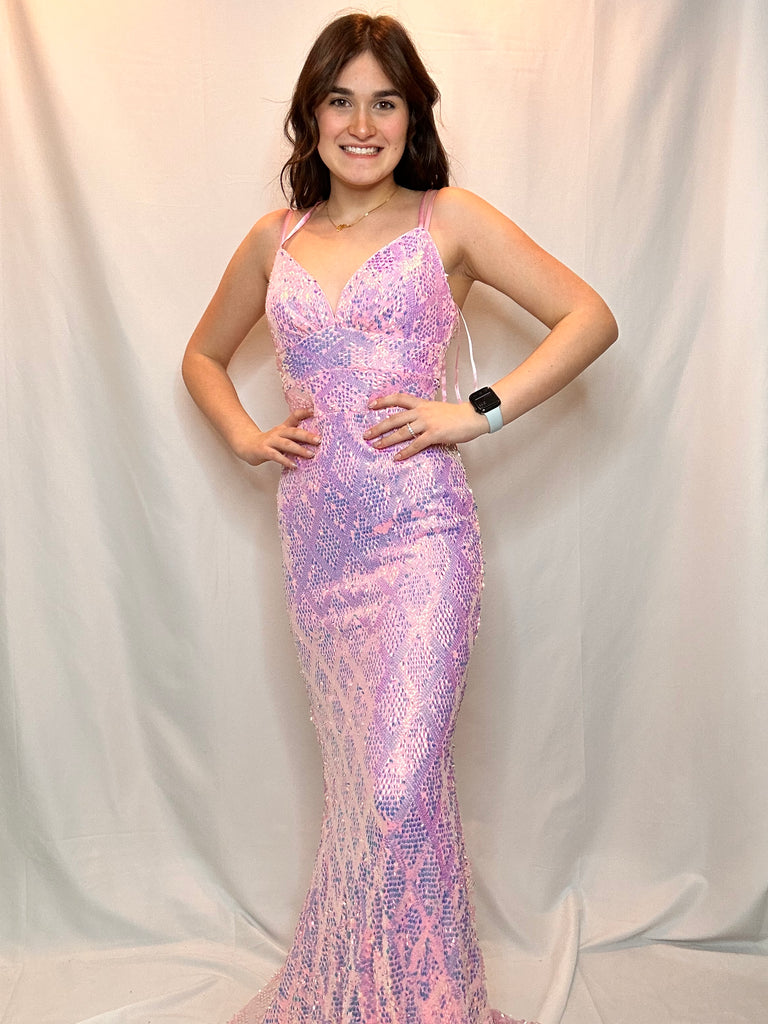 open lace back dress Pink Iridescent Sequin Prom Dress – Moments to Remember