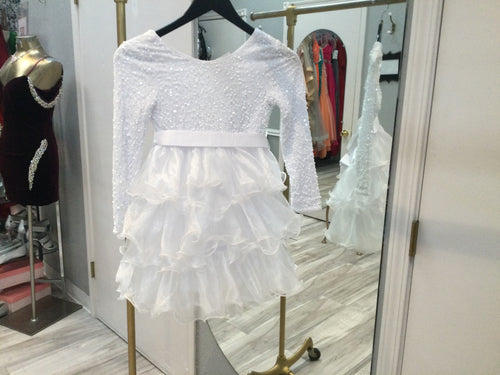 White long sleeve half sequence ruffle girls dress