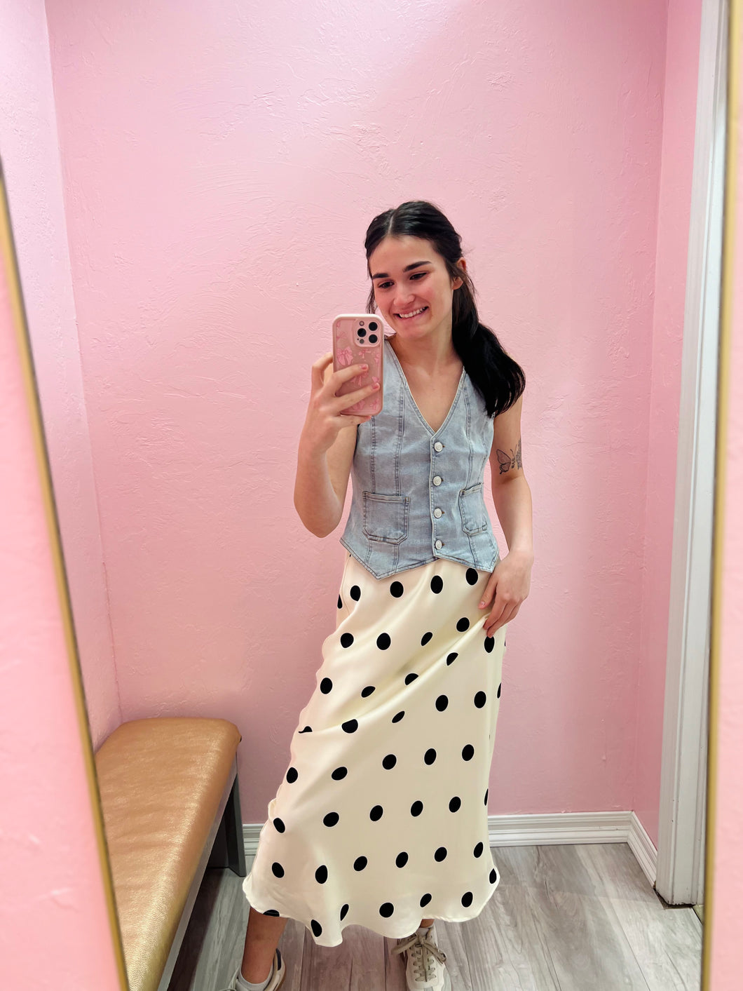 Satin Polka Dot Midi Skirt