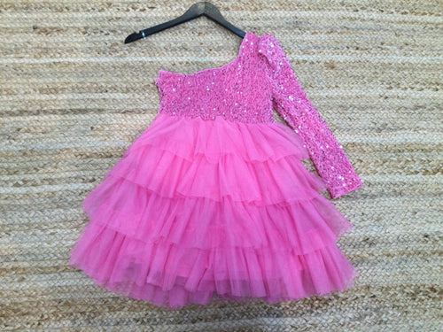 Pink one shoulder sequin and tulle girl's dress