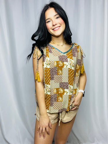 Patch Pattern V-Neck Top