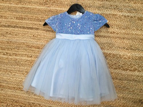 Baby Blue Short Sleeve half sequence and tulle girls dress