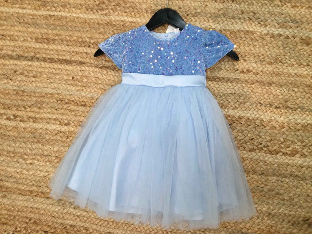 Baby Blue Short Sleeve half sequence and tulle girls dress