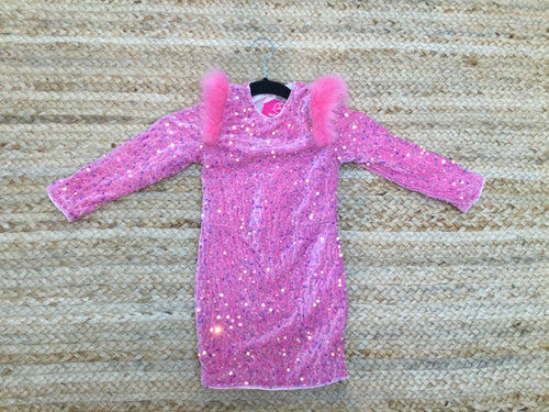 Pink full sequin with fur girl's dress