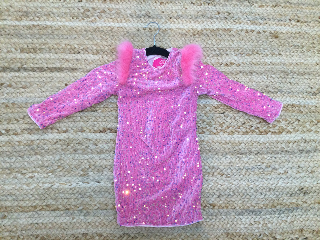 Pink full sequin with fur girl's dress