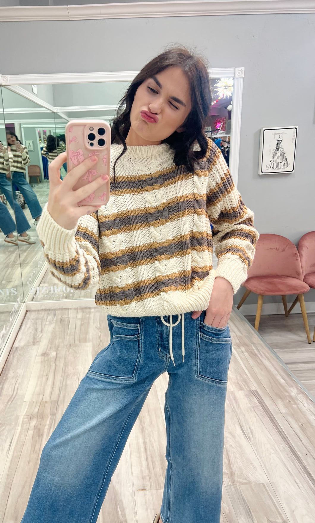 Cable Knit Striped Sweater