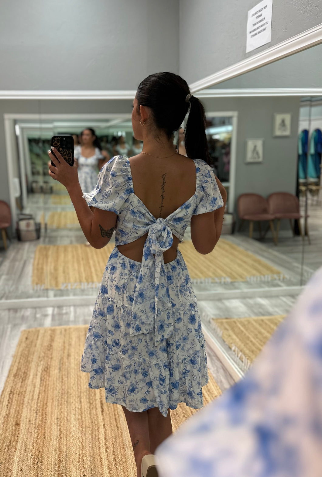 Open Back Blue Floral Mini Dress – Moments to Remember Open Back Blue Floral Mini Dress – Moments to Remember