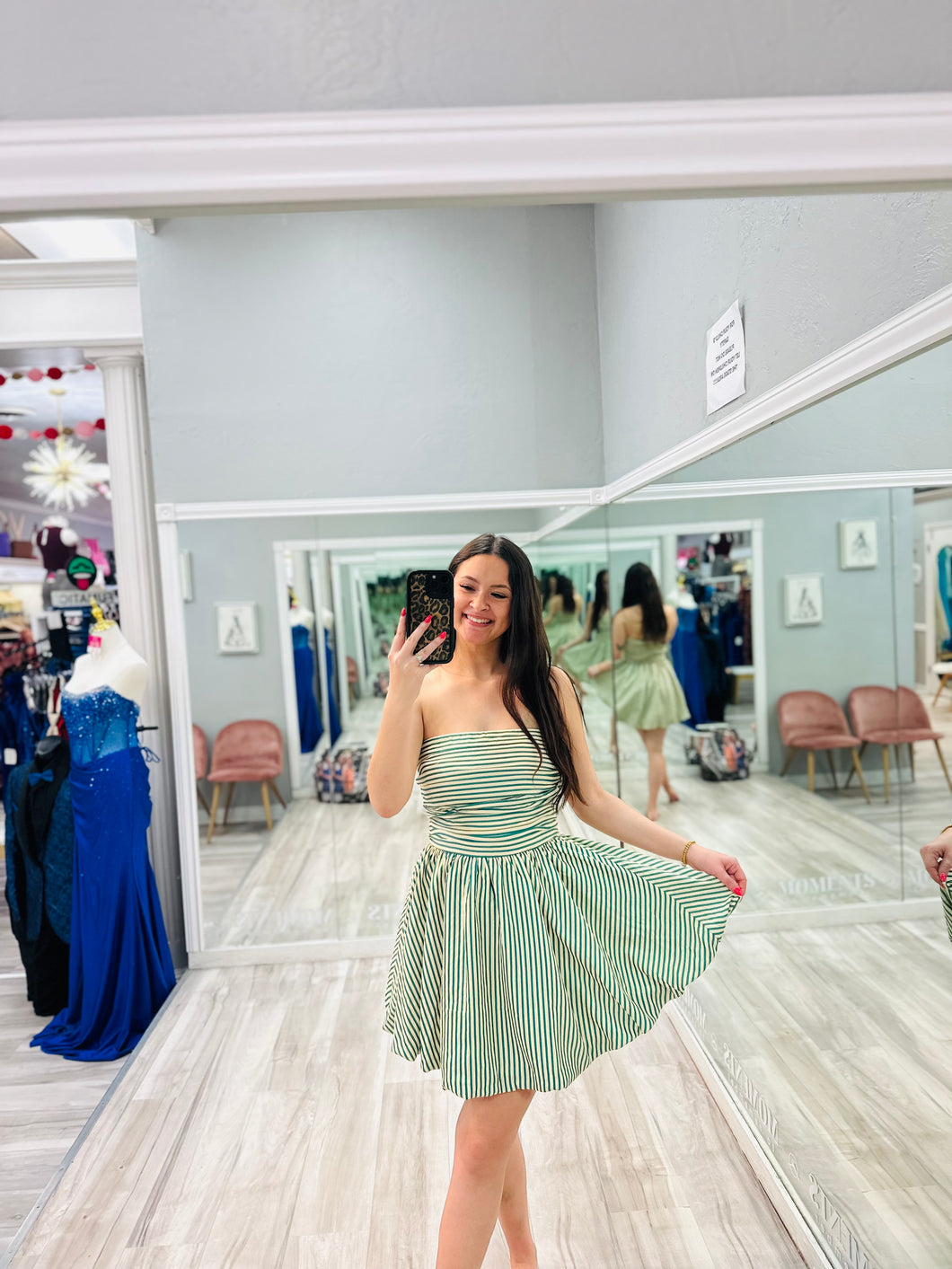 Green Striped Strapless Dress