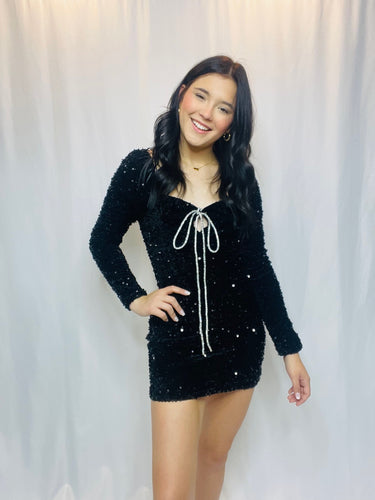 Long Sleeve Black Sequin Dress