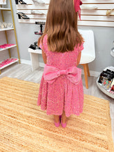 Pink sequin girl's dress with velvet bow
