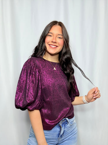 Puff Sleeve Plum Shimmer Top