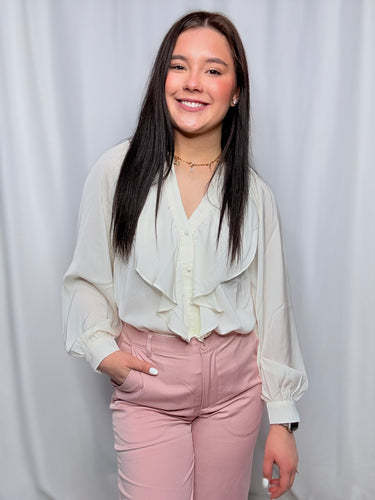 White Ruffle Button down