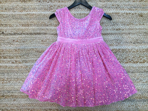 Pink sequin girl's dress with velvet bow