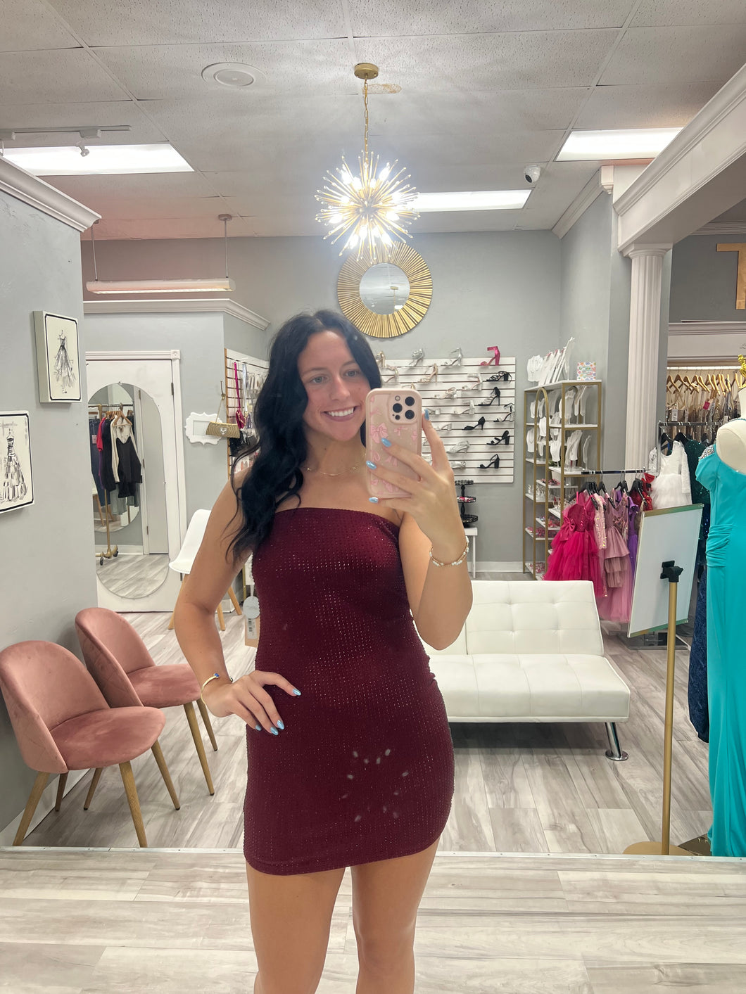 Wine Rhinestone Mini Dress