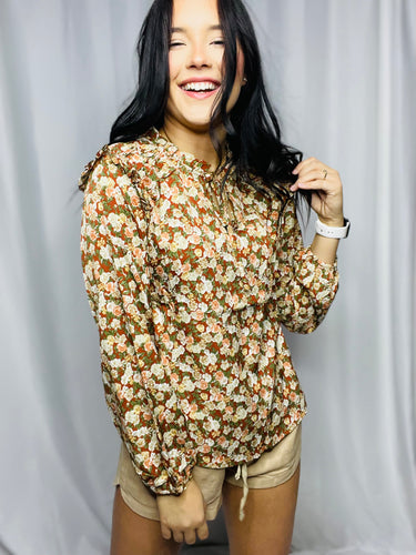 Flowery Tie Neck Top