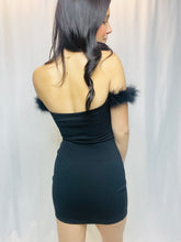 Black off the Shoulder mini dress w/feathers