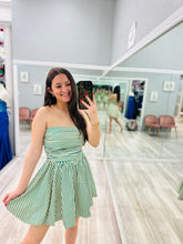 Green Striped Strapless Dress