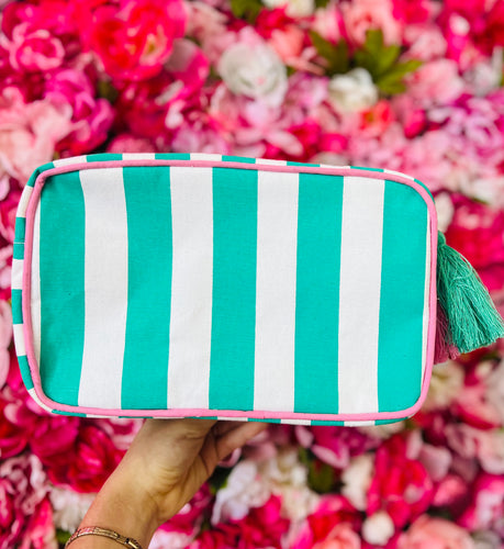 Green Striped Tassel Makeup Bag