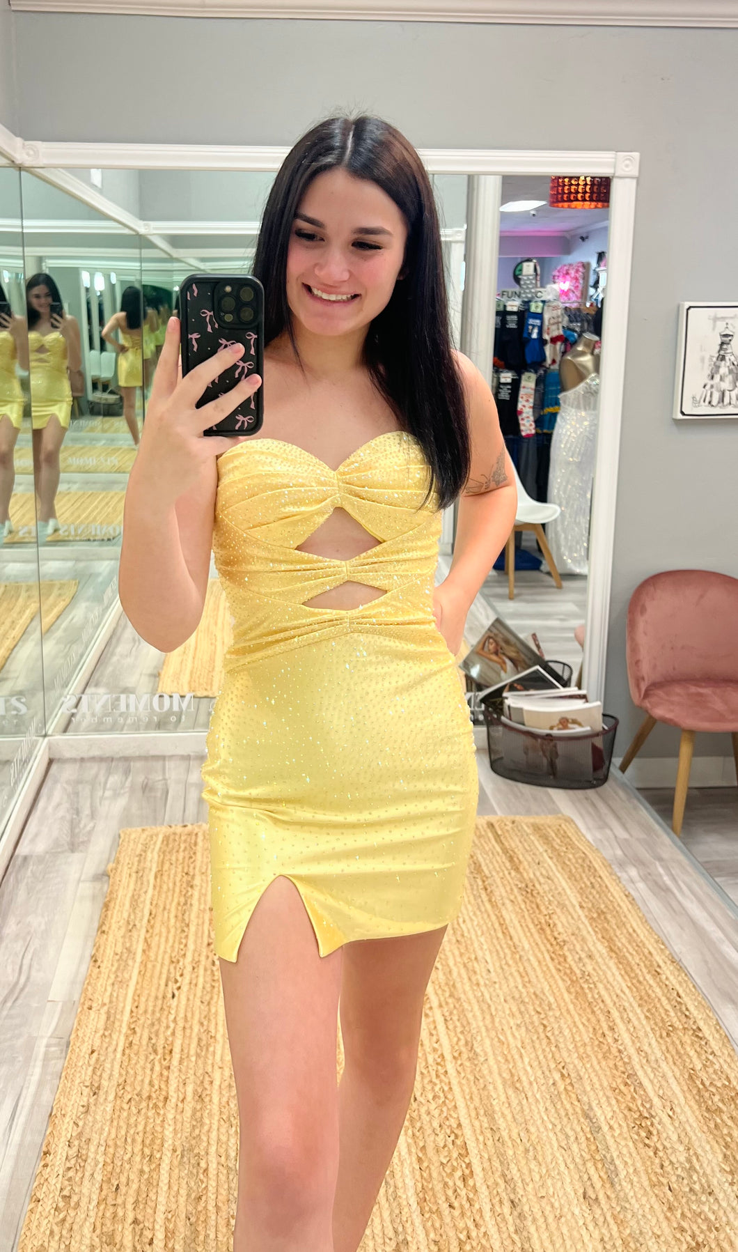 Strapless Yellow Mini Formal Dress