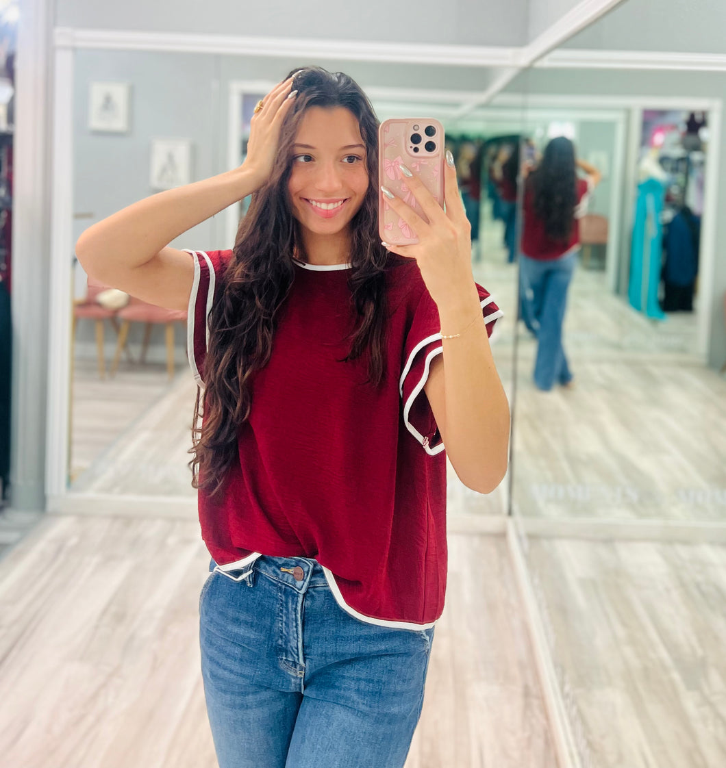 Crimson Ruffle Sleeve Blouse