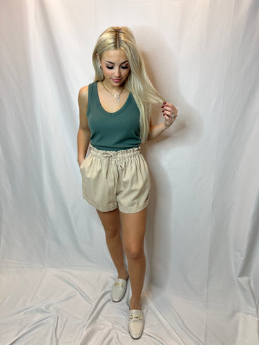 Khaki Elastic Waist Shorts