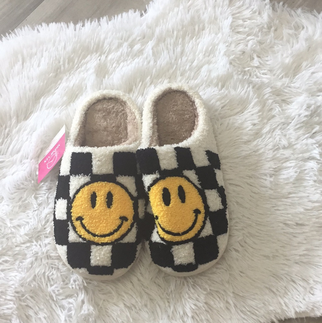 Checkered Smiley Fuzzy Slipper