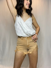 Camel fringe denim shorts