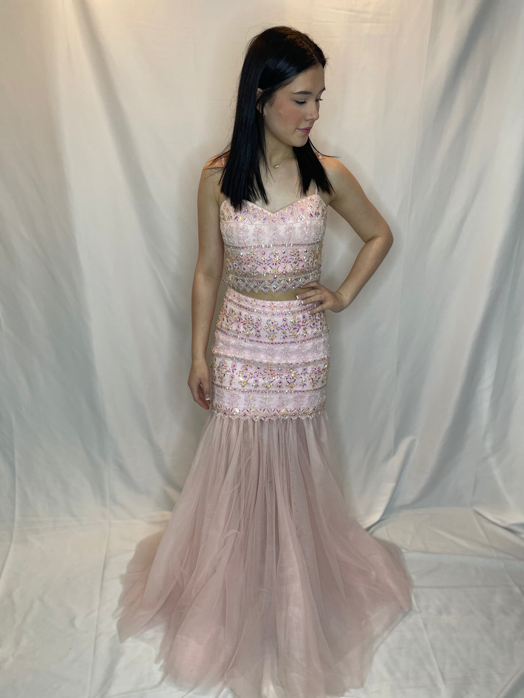 blush two piece prom dress Blush Organza Two Piece Prom Dresses Pleated Crossed Bodice Removable Puffed Sleeve 24470 Blush / US14