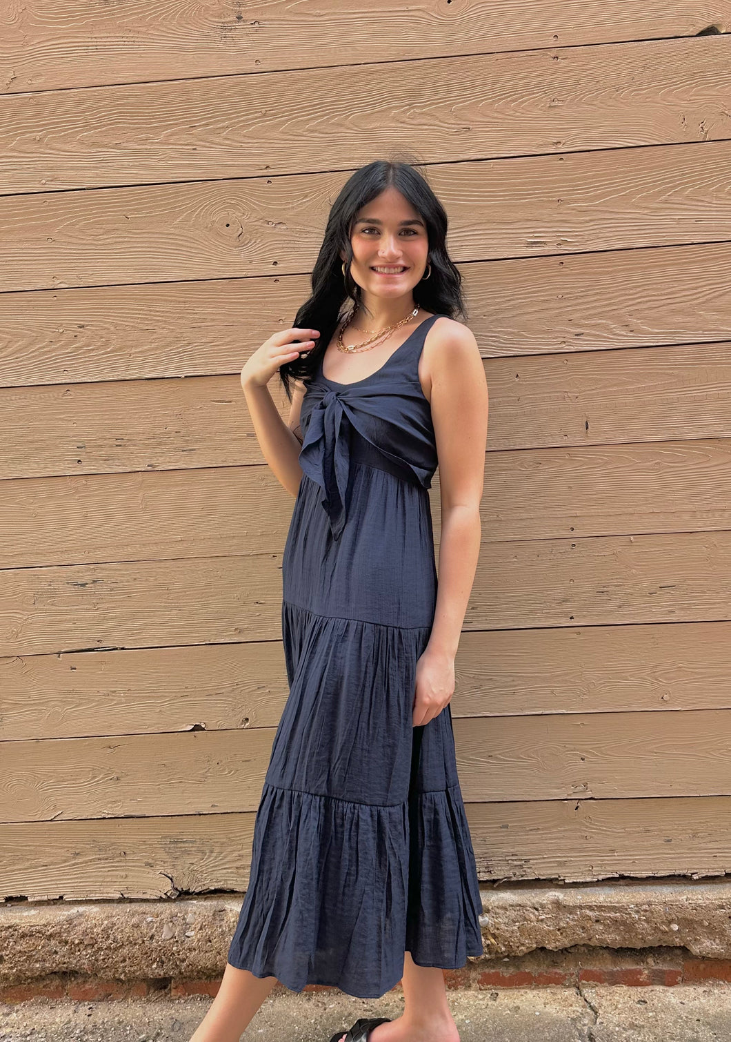 navy blue tie front dress Edina Tie-Front Slit-Neck Dress Deep Navy / XS